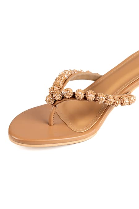 Preet Kaur_Brown Beads Tan Burano V Strap Heels _Online_at_Aza_Fashions