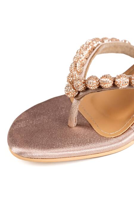 Buy_Preet Kaur_Gold Beads Champagne Burano V Strap Heels _Online_at_Aza_Fashions