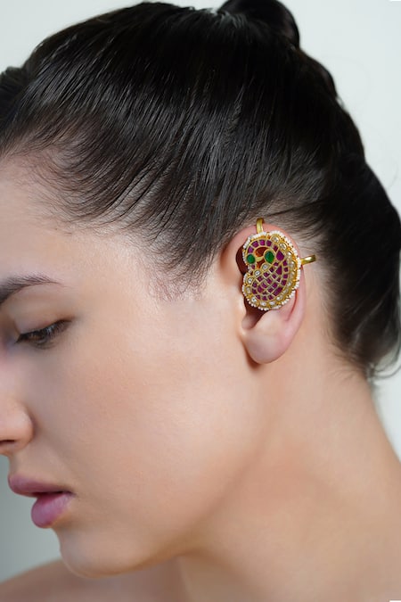 Joules By Radhika Gold Plated Stones, Pearls Ruby Paisley Ear Cuff Earrings 