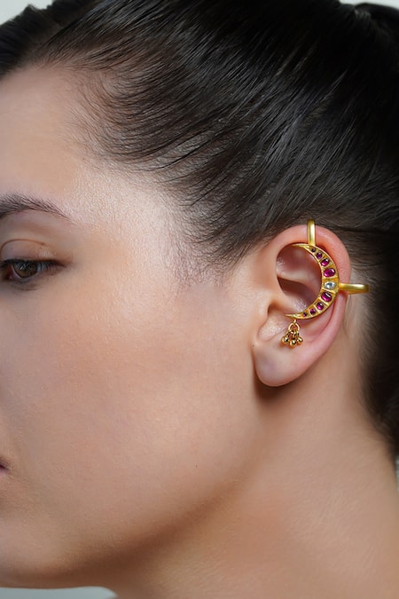Joules By Radhika Gold Plated Stones Ruby Crescent Ear Cuff Earrings 