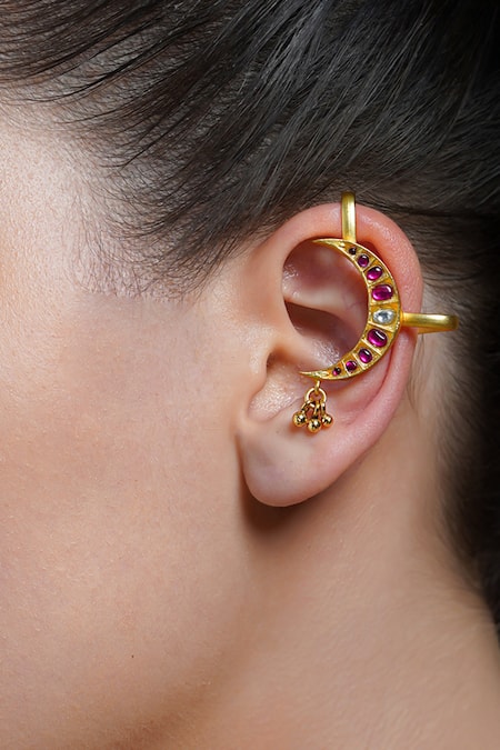 Shop Joules By Radhika Gold Plated Stones Ruby Crescent Ear Cuff Earrings at Aza Fashions Shop_Joules By Radhika_Gold Plated Stones Ruby Crescent Ear Cuff Earrings_at_Aza_Fashions