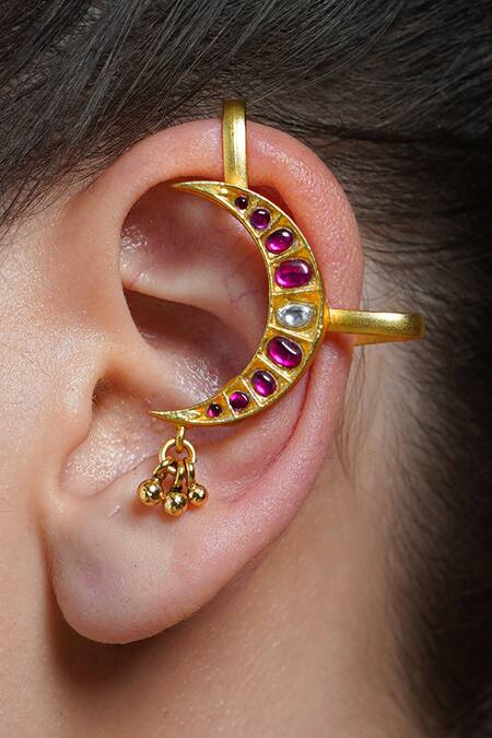 Joules By Radhika Gold Plated Stones Ruby Crescent Ear Cuff Earrings Online at Aza Fashions Joules By Radhika_Gold Plated Stones Ruby Crescent Ear Cuff Earrings_Online_at_Aza_Fashions