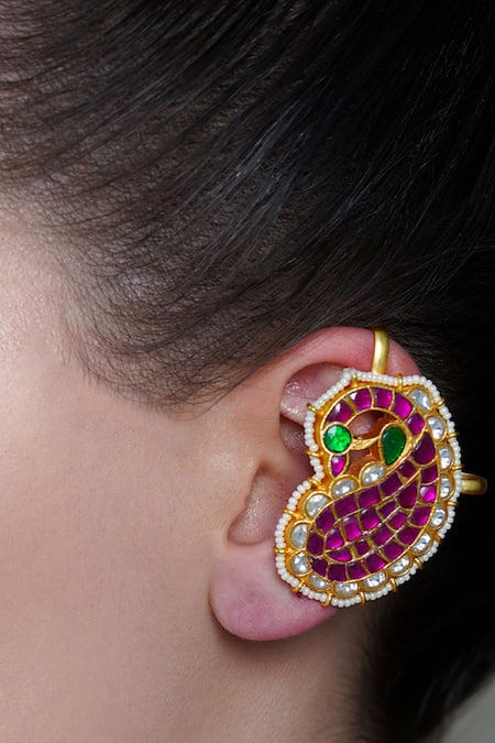 Joules By Radhika_Multi Color Gemstones, Pearls Pink Mango Gem Ear Cuff Earrings _Online_at_Aza_Fashions