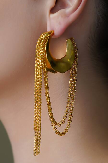 Joules By Radhika_Gold Plated Chains Hammered Fringe Danglers_Online_at_Aza_Fashions