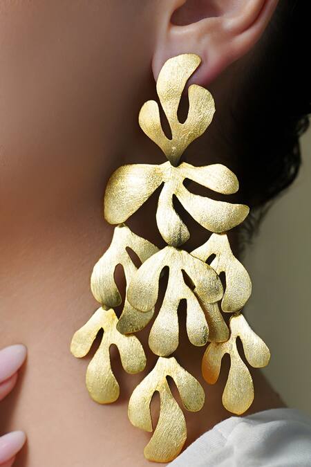 Joules By Radhika_Gold Plated Vine Leaf Dangle Earrings_Online_at_Aza_Fashions