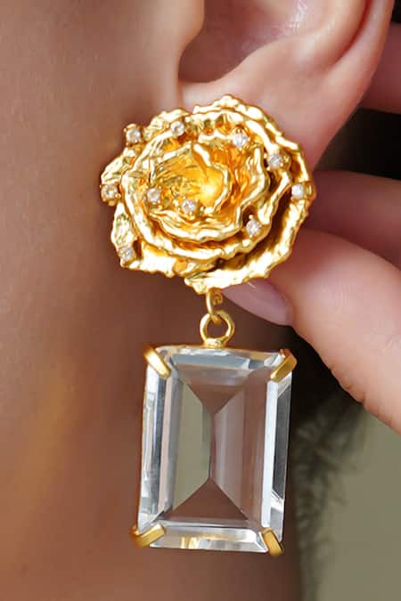 Joules By Radhika_Gold Plated Stones, Crystals Luxe Rose Drop Earrings _Online_at_Aza_Fashions