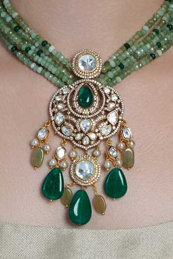 Joules by Radhika_Multi Color Jade Polki Emerald Drop Necklace_Online_at_Aza_Fashions