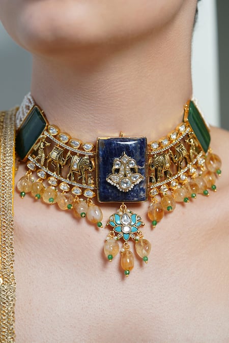 Joules By Radhika Enamel Emerald Pearl Choker 