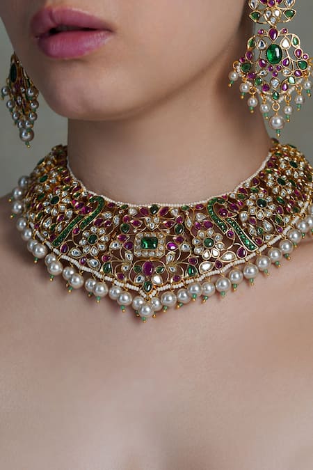 Shop Joules By Radhika Multi Color Pearls, Stones Nav Riwaaz Bridal Choker Set at Aza Fashions Shop_Joules By Radhika_Multi Color Pearls, Stones Nav Riwaaz Bridal Choker Set_at_Aza_Fashions