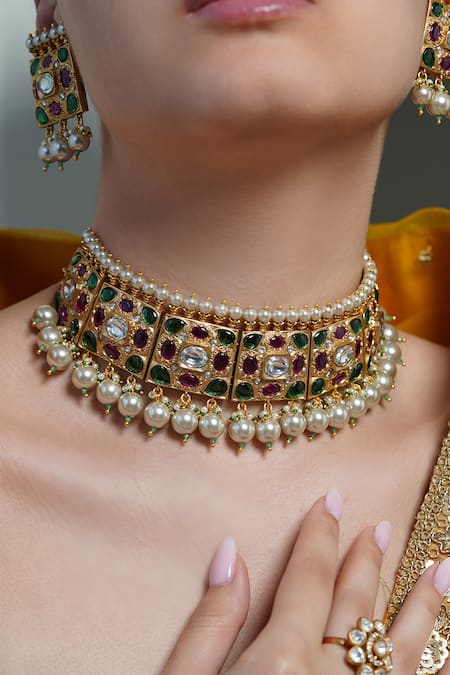 Joules By Radhika Ruby Grid Pearl Choker Set 