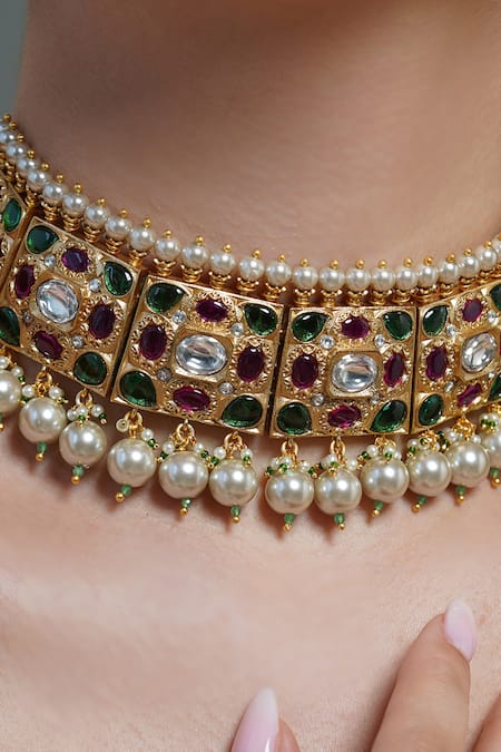 Joules By Radhika_Multi Color Pearls, Stones, Beads Ruby Grid Choker Set _Online_at_Aza_Fashions