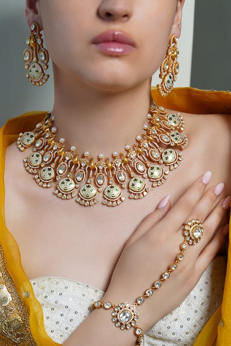 Joules By Radhika Gold Plated Stones, Pearls Peacock Aura Choker Necklace Set 