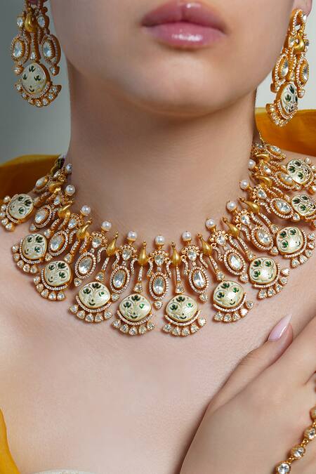 Shop Joules By Radhika Gold Plated Stones, Pearls Peacock Aura Choker Necklace Set at Aza Fashions Shop_Joules By Radhika_Gold Plated Stones, Pearls Peacock Aura Choker Necklace Set_at_Aza_Fashions