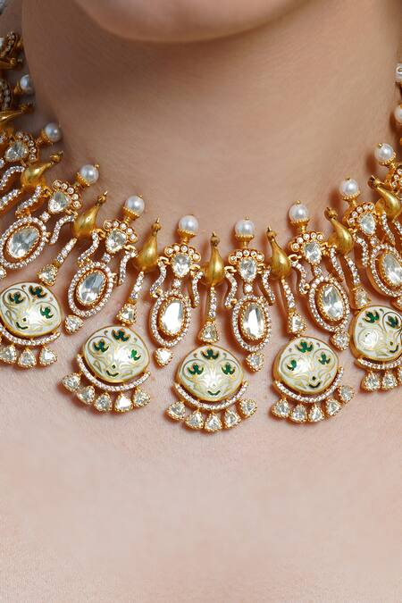 Joules By Radhika Gold Plated Stones, Pearls Peacock Aura Choker Necklace Set Online at Aza Fashions Joules By Radhika_Gold Plated Stones, Pearls Peacock Aura Choker Necklace Set_Online_at_Aza_Fashions