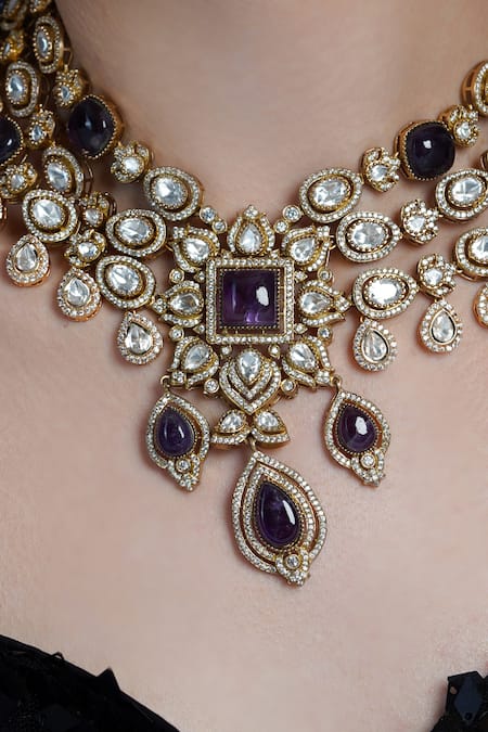 Joules by Radhika_Gold Plated Stones, Faux Diamonds Royal Amra Sparkle Necklace Set _Online_at_Aza_Fashions