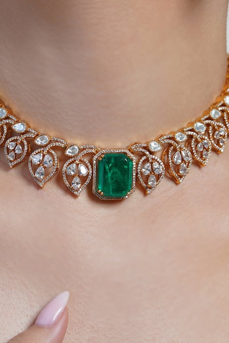 Joules By Radhika_Gold Plated Stones Leaf Aura Emerald Choker Set _Online_at_Aza_Fashions