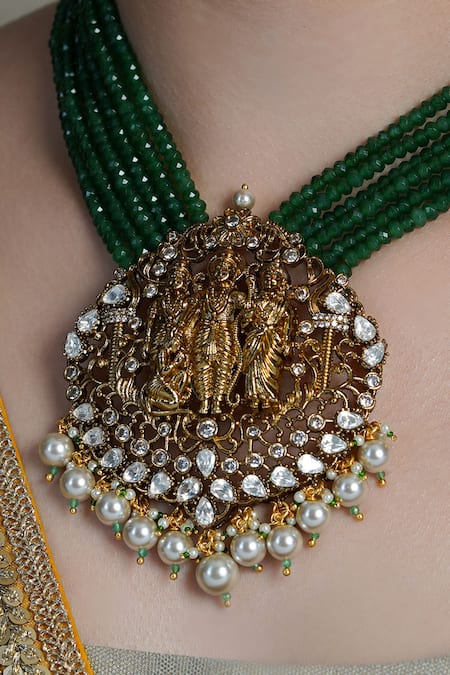 Joules By Radhika_Green Pearls, Stones Emerald Dome Temple Necklace Set _Online_at_Aza_Fashions