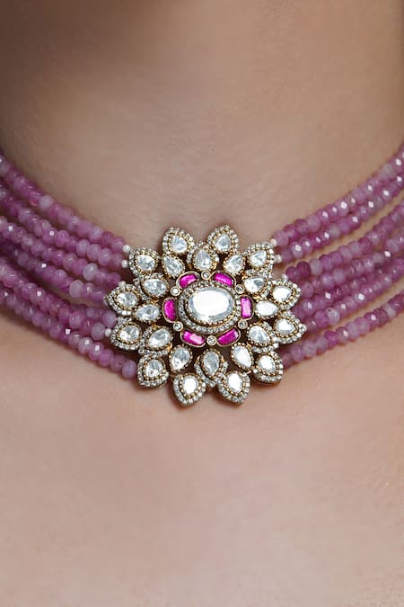 Joules By Radhika_Purple Stones, Pearls Lilac Glow Floral Choker Set _Online_at_Aza_Fashions