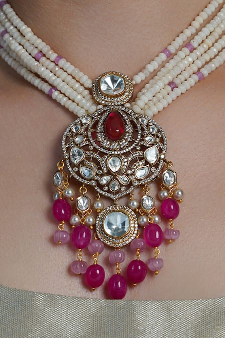 Joules by Radhika_Multi Color Pearls, Stones, Beads Rubypearla Cascade Rani Haar Set _Online_at_Aza_Fashions