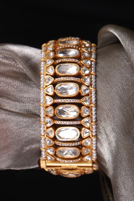 Joules By Radhika_Gold Plated Stones, Pearls Moonlit Legacy Kada Bangle_Online_at_Aza_Fashions