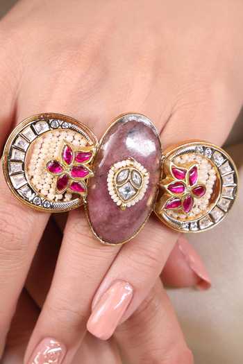 Joules by Radhika_Gold Plated Gemstones, Pearls, Crystals Ruby Blossom Kundan Ring _Online_at_Aza_Fashions