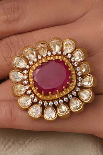 Joules by Radhika_Gold Plated Stones, Faux Diamonds Ruby Maharani Ring_Online_at_Aza_Fashions