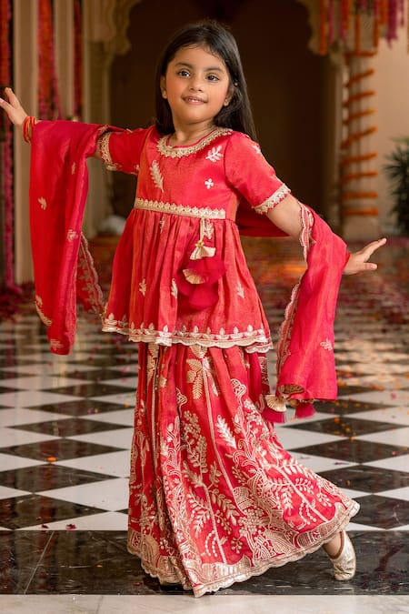 Fayon Kids Pink Tissue, Organza Embroidery, Zari, Tassels, Gota Patti Kurta Lehenga Set 