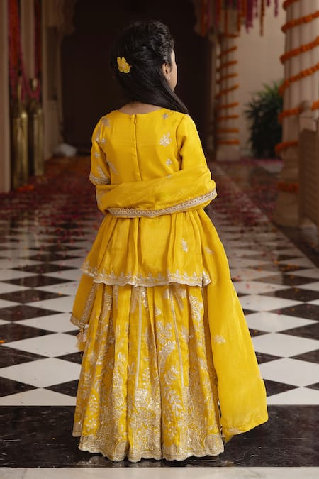Shop_Fayon Kids_Yellow Organza, Tissue Embroidery, Sequins, Zari Kurta Lehenga Set _at_Aza_Fashions