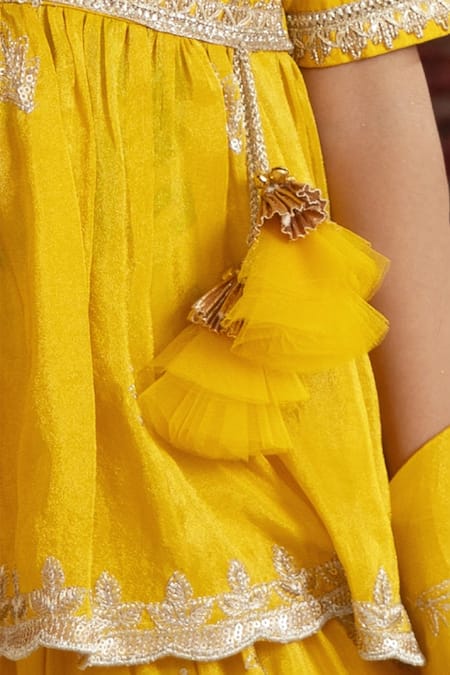 Fayon Kids Yellow Organza, Tissue Embroidery, Sequins, Zari Kurta Lehenga Set Online at Aza Fashions Fayon Kids_Yellow Organza, Tissue Embroidery, Sequins, Zari Kurta Lehenga Set _Online_at_Aza_Fashions