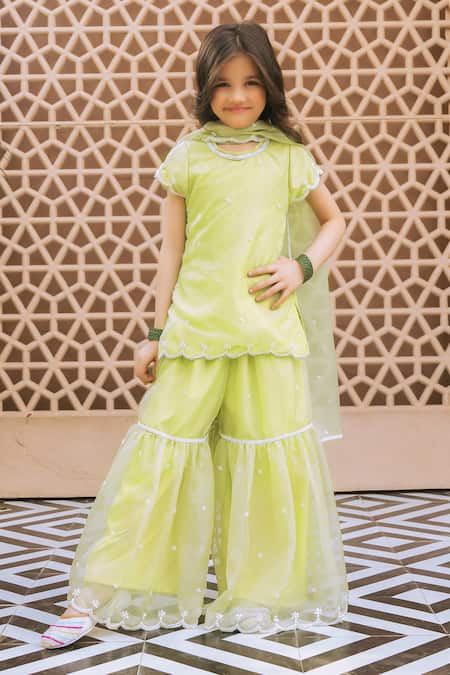 Fayon Kids Lime Organza Embroidery Green Kurta Sharara Set 