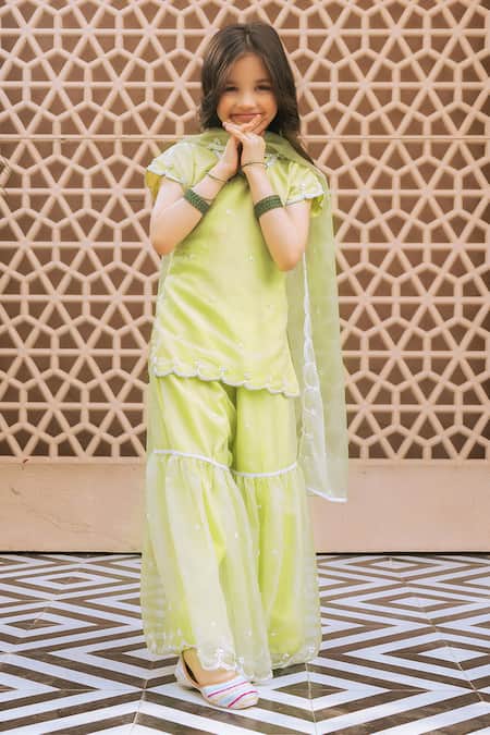 Buy Fayon Kids Lime Organza Embroidery Green Kurta Sharara Set Online at Aza Fashions Buy_Fayon Kids_Lime Organza Embroidery Green Kurta Sharara Set _Online_at_Aza_Fashions