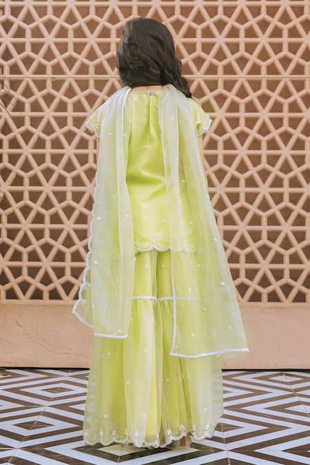 Fayon Kids Green Embroidered Organza Kurta Sharara Set 