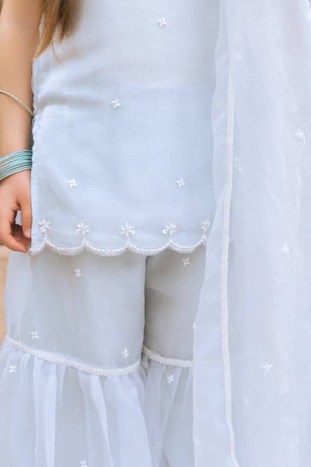 Fayon Kids_Sky Blue Organza Embroidery Kurta Sharara Set _Online_at_Aza_Fashions