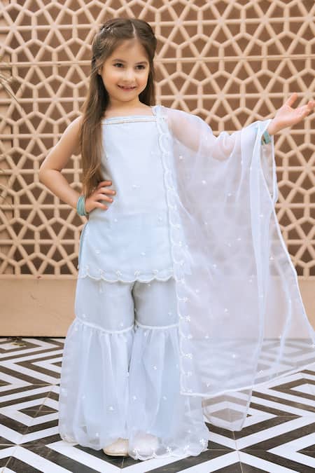 Fayon Kids Sky Blue Organza Embroidery Kurta Sharara Set 