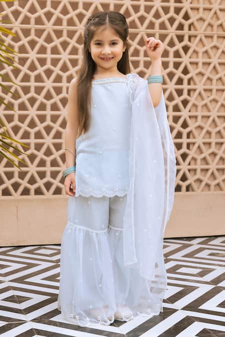 Buy_Fayon Kids_Sky Blue Organza Embroidery Kurta Sharara Set _Online_at_Aza_Fashions