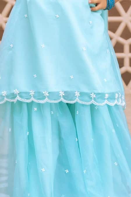 Fayon Kids_Aqua Organza Embroidery Butti Work Kurta Sharara Set _Online_at_Aza_Fashions