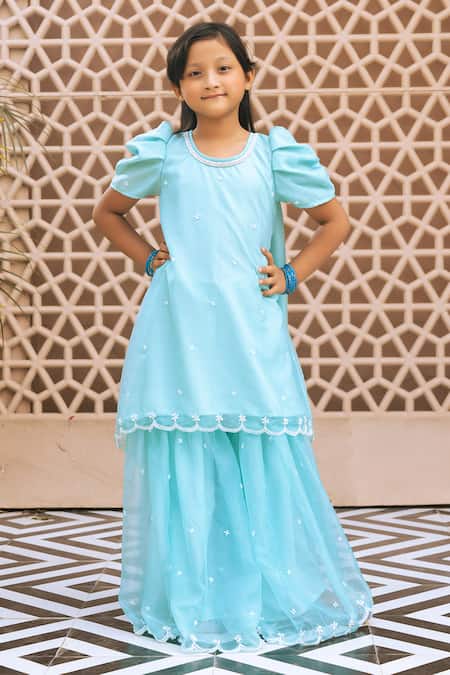Fayon Kids Aqua Organza Embroidery Butti Work Kurta Sharara Set 
