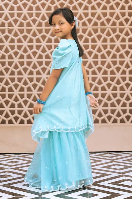 Buy_Fayon Kids_Aqua Organza Embroidery Butti Work Kurta Sharara Set _Online_at_Aza_Fashions