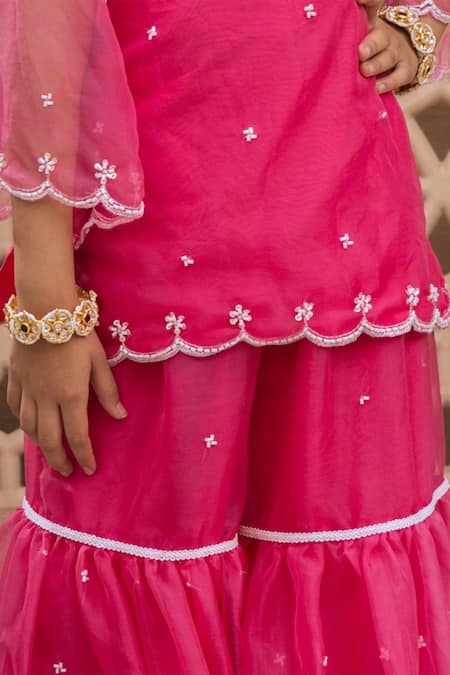 Fayon Kids_Pink Organza Embroidery Butti Work Kurta Sharara Set _Online_at_Aza_Fashions