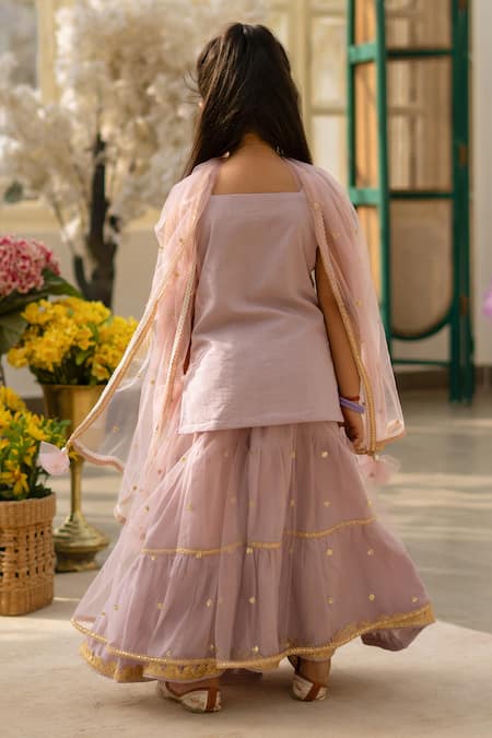 Shop Fayon Kids Lilac Georgette, Net Embroidery, Gota Patti, Zari Kurta Sharara Set at Aza Fashions Shop_Fayon Kids_Lilac Georgette, Net Embroidery, Gota Patti, Zari Kurta Sharara Set _at_Aza_Fashions
