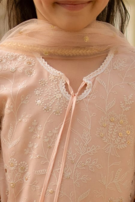 Fayon Kids_Peach Georgette, Net Embroidery, Sequins, Zari Floral Kurta Sharara Set _Online_at_Aza_Fashions