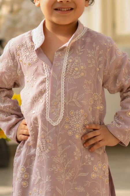 Fayon Kids_Lilac Georgette, Cotton Embroidery, Sequins Kurta Set _Online_at_Aza_Fashions