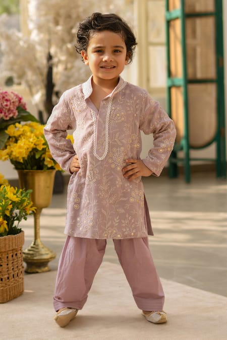 Fayon Kids Lilac Georgette, Cotton Embroidery, Sequins Kurta Set 