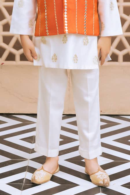 Fayon Kids White Cotton, Tissue, Organza Embroidery, Mirrors Work Bundi Kurta Set Online at Aza Fashions Fayon Kids_White Cotton, Tissue, Organza Embroidery, Mirrors Work Bundi Kurta Set _Online_at_Aza_Fashions