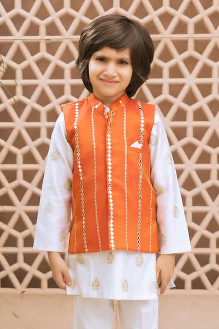 Buy Fayon Kids White Cotton, Tissue, Organza Embroidery, Mirrors Work Bundi Kurta Set Online at Aza Fashions Buy_Fayon Kids_White Cotton, Tissue, Organza Embroidery, Mirrors Work Bundi Kurta Set _Online_at_Aza_Fashions