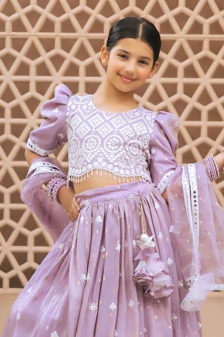 Buy_Fayon Kids_Lilac Tissue, Organza Embroidery, Sequins, Zari, Tassels, Bloom Lehenga Set _Online_at_Aza_Fashions