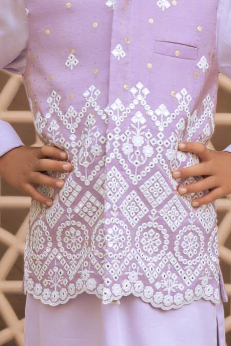 Fayon Kids_Lilac Cotton, Organza Embroidery, Mirrors Charm Nehru Jacket Set _Online_at_Aza_Fashions