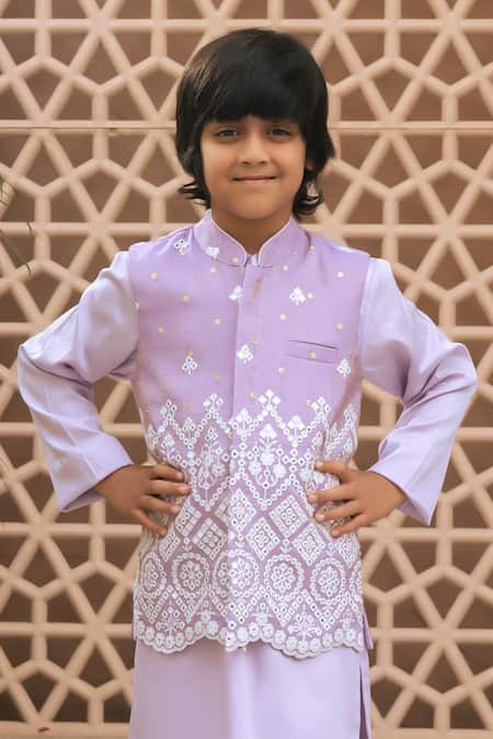 Buy_Fayon Kids_Lilac Cotton, Organza Embroidery, Mirrors Charm Nehru Jacket Set _Online_at_Aza_Fashions
