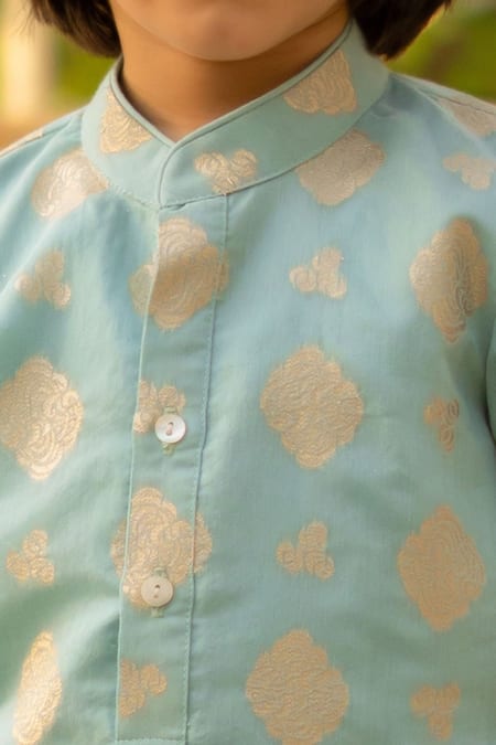 Fayon Kids_Aqua Brocade, Cotton Zari, Embroidery Kurta With Pant _Online_at_Aza_Fashions