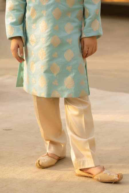 Buy_Fayon Kids_Aqua Brocade, Cotton Zari, Embroidery Kurta With Pant _Online_at_Aza_Fashions